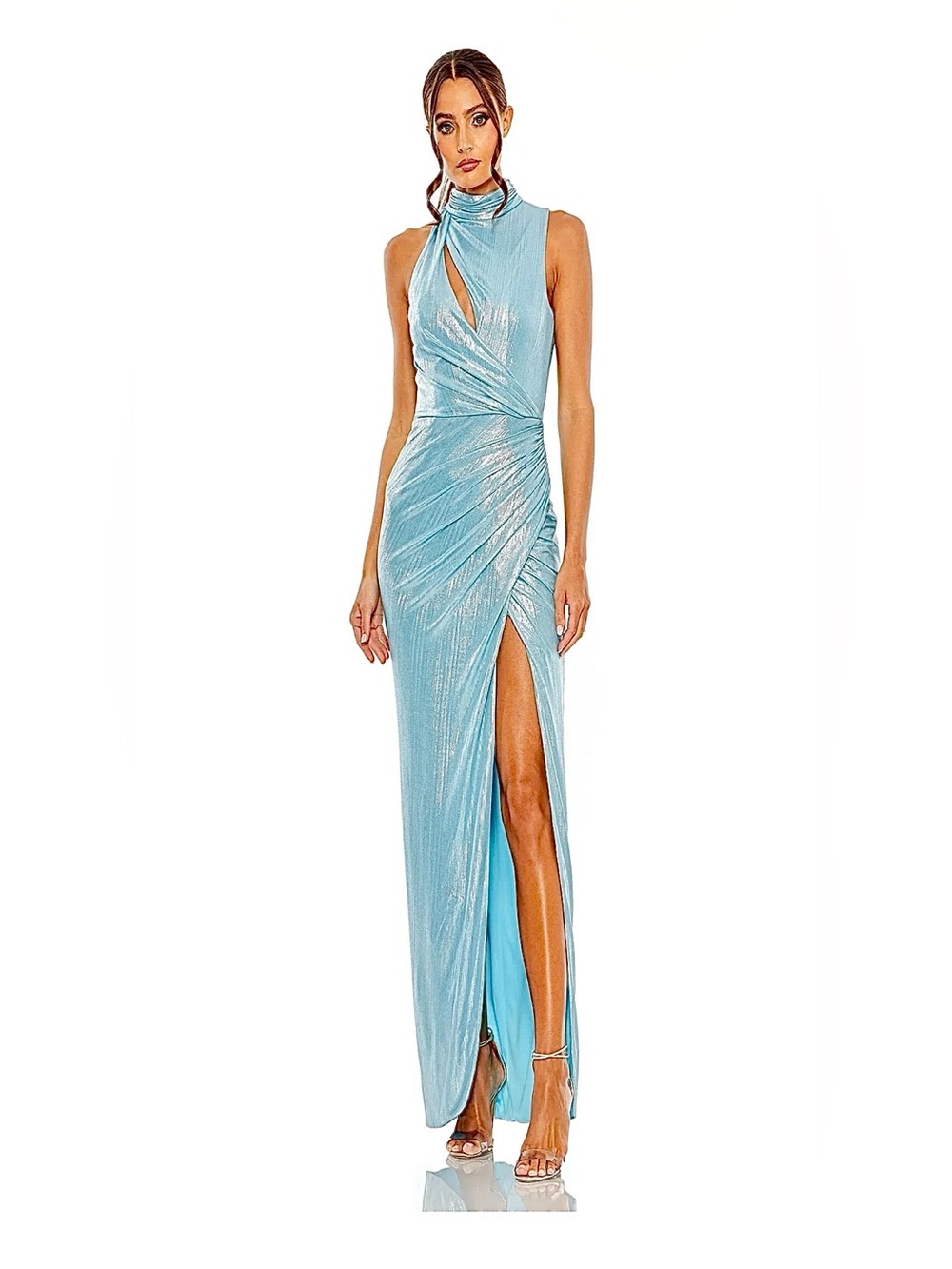 Mac Duggal Metallic Light Blue One-Shoulder Evening Gown with High Slit